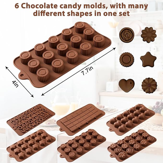 Silicone Molds for Chocolate – 6 Pack Different Shape Molds, Food Grade Non-Stick Making Moulds for Chocolate, Pistachio, Snacks, Protein Bars, Homemade Sweets
