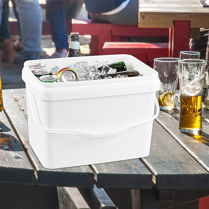 5 Gallon Rectangular Plastic Bucket Pail with Lid, 4 Pack White Square Bucket Pail Container with Handle for Food Storage