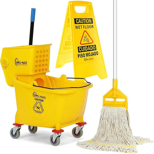 Simpli-Magic Side Press Wringer Combo Commercial Mop Bucket on Wheels, 35 Quart,Yellow, Including Wet Floor Caution Sign and Mop Set