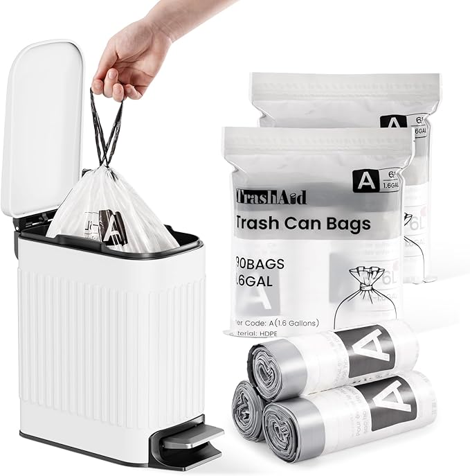 TrashAid 1.6 Gallon Small Trash Bags, 90pcs Mini Bathroom Garbage Bags, 6 Liter Waste Basket Liners for Bathroom, Office, Fit 0.8-1.6 Gal, White, Code A