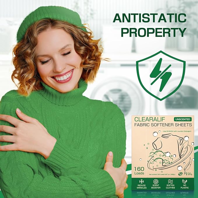 CLEARALIF laundry Fabric Softener Sheets, Unscented, 160 Loads, Eco Friendly, Great For Travel, Apartments, Dorms.