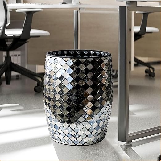 Escenzy Modern Bathroom Trash Can Mosaic Glass 5L | Decorative Small Garbage Can | 7" x 10" | Luxury Waste Basket for Restroom, Office, Bedroom & Kitchen | Shiny Black and Gold Bathroom Accessories