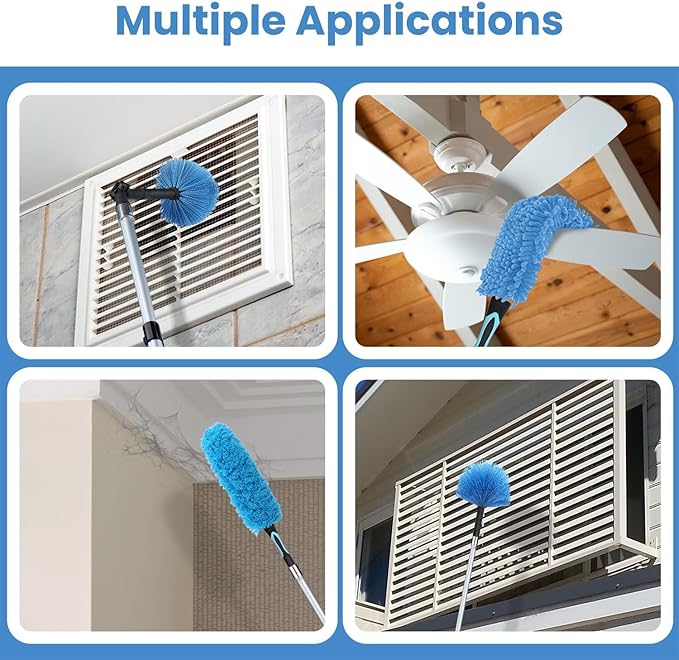 36ft High Ceiling Duster Kits with 5-30ft Heavy Duty Extension Pole - Fan Blade Cleaner, Cobweb Remover & Blue Window Squeegee Kit, Washable Dust Brush for High Roof and Glass Surfaces