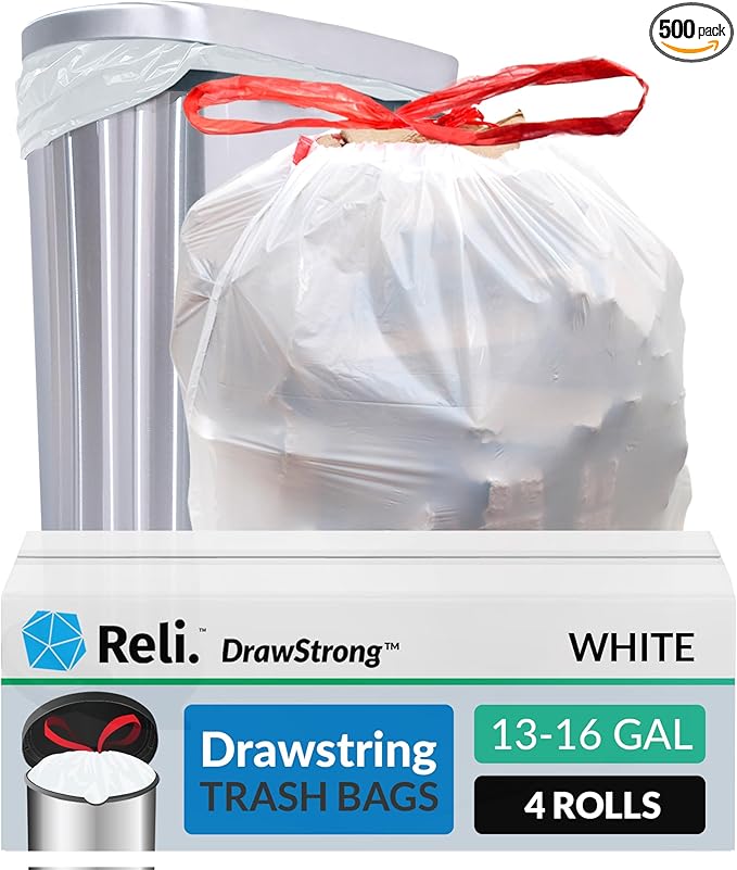 Reli. Tall Kitchen Drawstring Trash Bags 13 Gallon | 500 Count Bulk | Kitchen Garbage Bags | White | 13 Gallon - 16 Gal Capacity