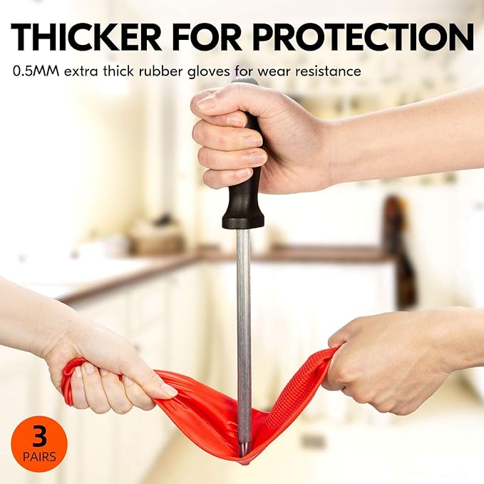 Vgo... 3-Pairs Dishwashing Gloves, Reusable Household Gloves, Long Sleeve, Thick Latex, Cleaning, Washing, Working, Painting, Gardening, Pet Care (Size M, Red, RB2143)