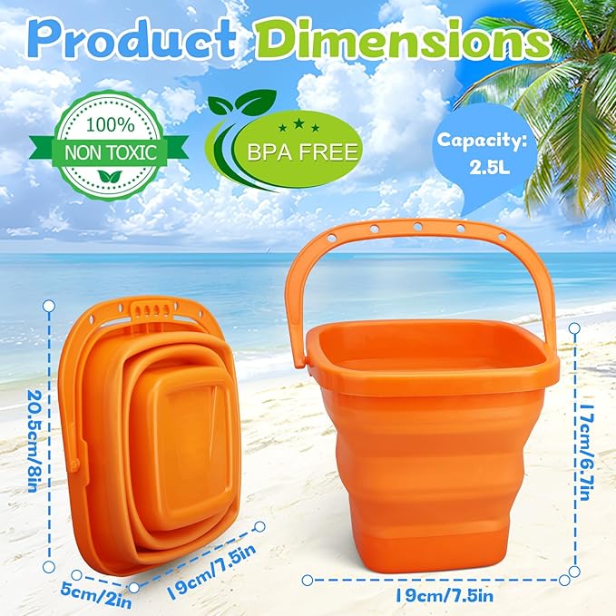Jumbo Beach Sand Bucket Toy for Kids, 3L Collapsible Sandbox Pail, Easter Buckets, 3 Pack Multi Use Tool for Garden, Planting, Camping, Storage Fishing, Washing, Summer Holiday Travel Birthday Gifts
