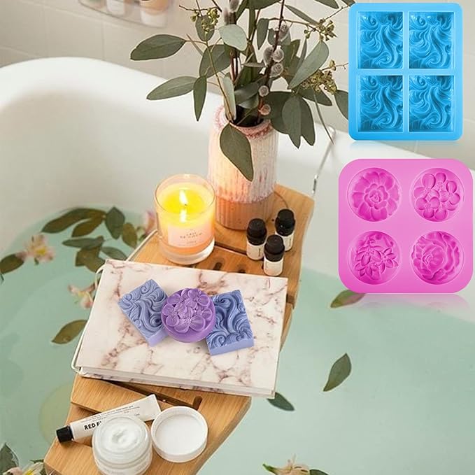 Sakolla 2 Pack Silicone Soap Molds, 4 Cavities Rectangle Wave and Round Flower Silicone Molds for Handmade Soap, Candle and Mousse Cake