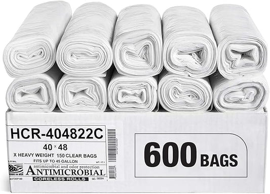 Aluf Plastics High Density Trash Bags, 45 Gallon, 600 Count, 22 Micron (eq), 40" x 48", Clear, for Bathroom, Office, Industrial, Commercial, Janitorial, Municipal, Recycling