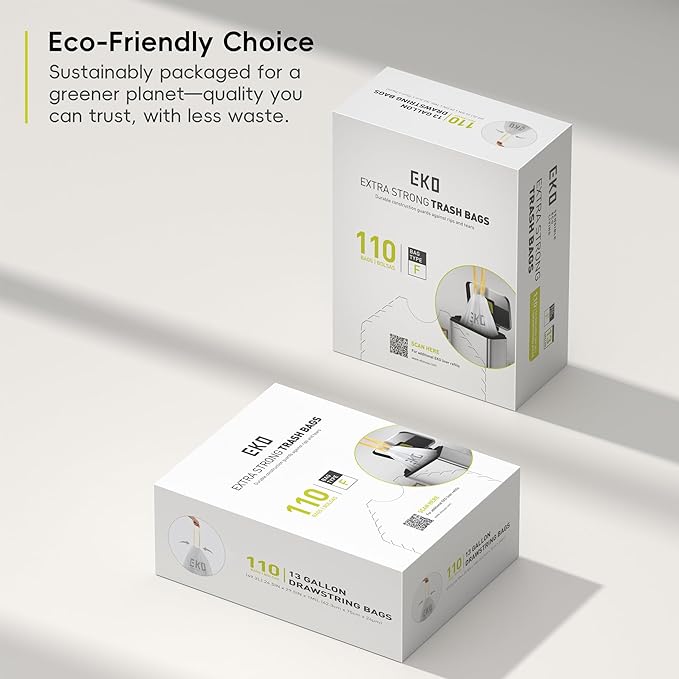 EKO 13 Gallon / 40-60 Liter,110 Count Drawstring Trash Bags, Extra-Strong Unscented Garbage Bags, Easy-Dispense Roll for Kitchen & Household Use, Resists Tears, Leaks and Punctures, Code F, White