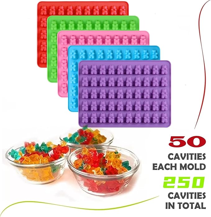 2 Piece Gummy Bear Silicone Molds, Non-Stick Chocolate Candy Mold with 2 Droppers Food Grade (Purple+Blue+Pink+Green+Red)