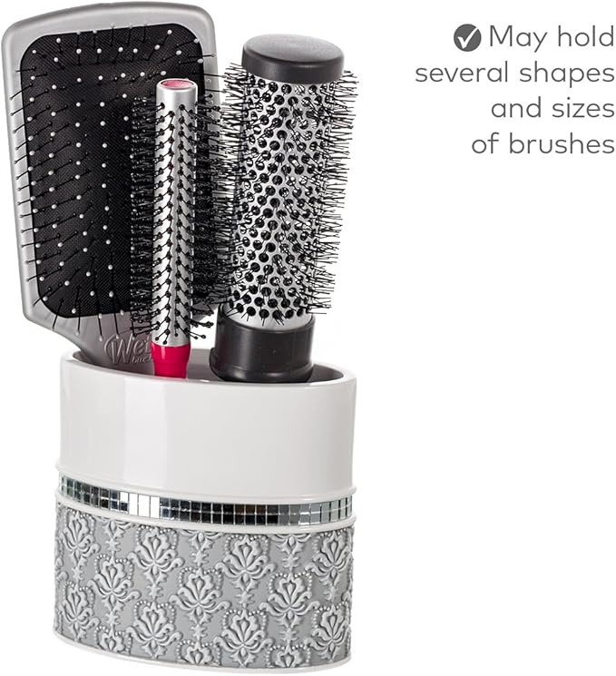 Creative Scents Mirror Damask Toothbrush Holder for Bathroom - Gray & White Toothbrush and Toothpaste Holder - Decorative Toothbrush Cup for Bathroom Holds Multiple Standard Or Electric Toothbrushes