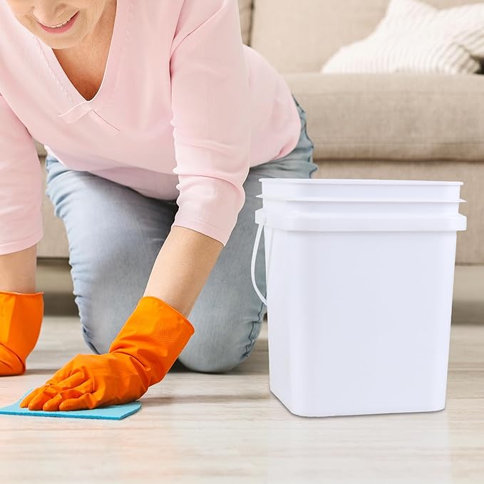 White Plastic 5 Gallon Cleaning Bucket with Handle, Square Bucket with Disposable Seal Lid for Food, All Purpose Pail, 4 Packs