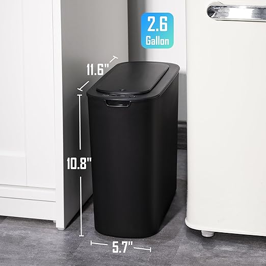 Cesun Automatic Motion Sensor Black Bathroom Trash Can with Lid, 2.6 Gallon Touchless Trash Bin, Smart Plastic Slim Garbage Can Small Wastebasket for Toilet, Office, rv, Bedroom, Living Room