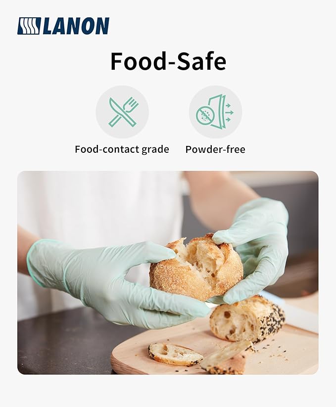 LANON 5 mil Vitamin-E Coated Latex Disposable Gloves, Food-Contact Grade, Fully Textured, Green, Medium