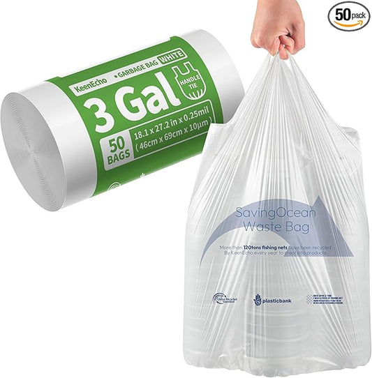 Small Trash Bags with Handles 3 Gallon 50 Count White - Ocean Plastic Upcycling - Plastic Garbage Bags, Can Bin & Waste Basket Liner for Kitchen, Bathroom, Office and Pets
