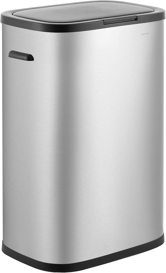 happimess HPM1017A Tammi Kitchen 14.5-Gallon Slim Metal Push Button Trash Can, Fingerprint Resistant, Modern, Minimalistic for Home, Kitchen, Laundry Room, Office, Bedroom, Bathroom, Platinum Silver