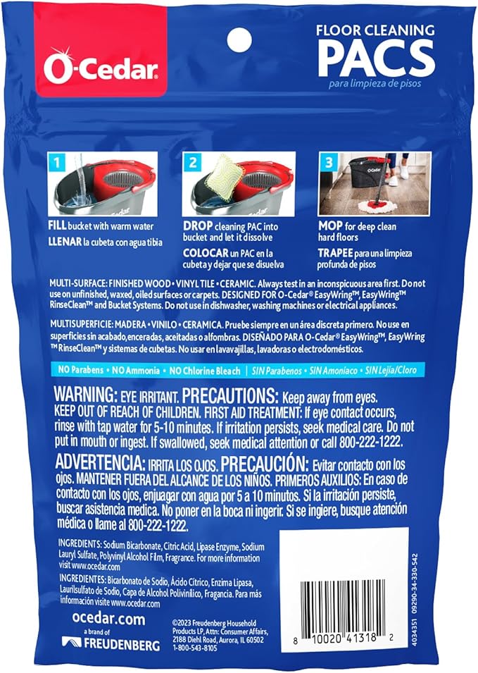 O-Cedar PACS Hard Floor Cleaner, Crisp Citrus Scent 10 Count (1-Pack) | Made with Naturally-Derived Ingredients | Safe to Use on All Hard Floors | Perfect for Mop Buckets