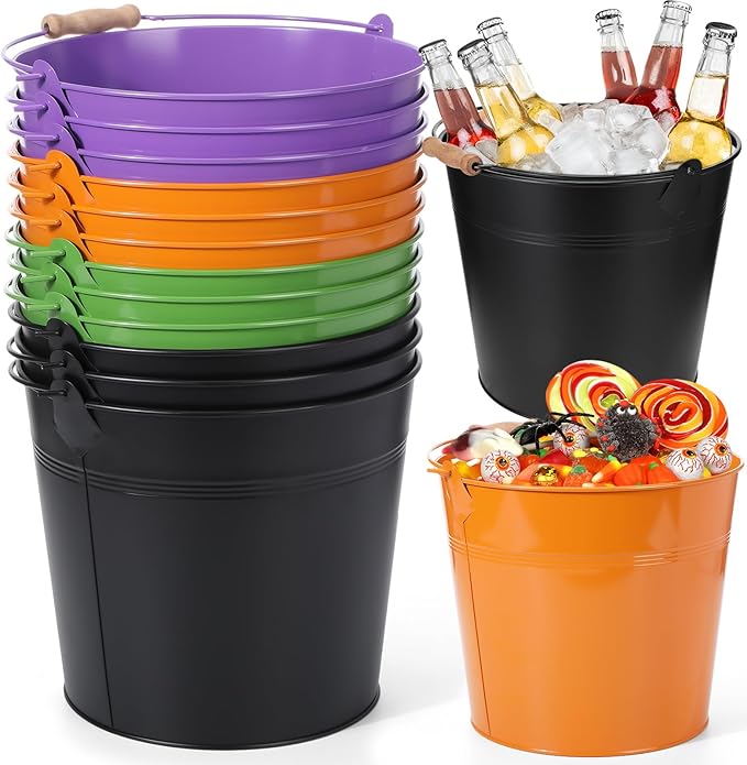 12 Pcs Large Galvanized Metal Buckets with Handle 10 Inch Heavy Duty Stainless Steel Pails Round Pail for Party Wedding, Crafts, Utensils, Table Centerpieces (Halloween Color)