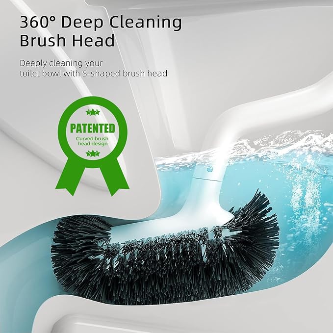 HAMITOR Toilet Bowl Brush Holder Set: Bathroom Deep Cleaning Toilet Cleaner Scrubber Under Rim with Curved Bristle for Dead Corner Clean - Hidden Rv Toilet Decorative Accessories with Caddy- White