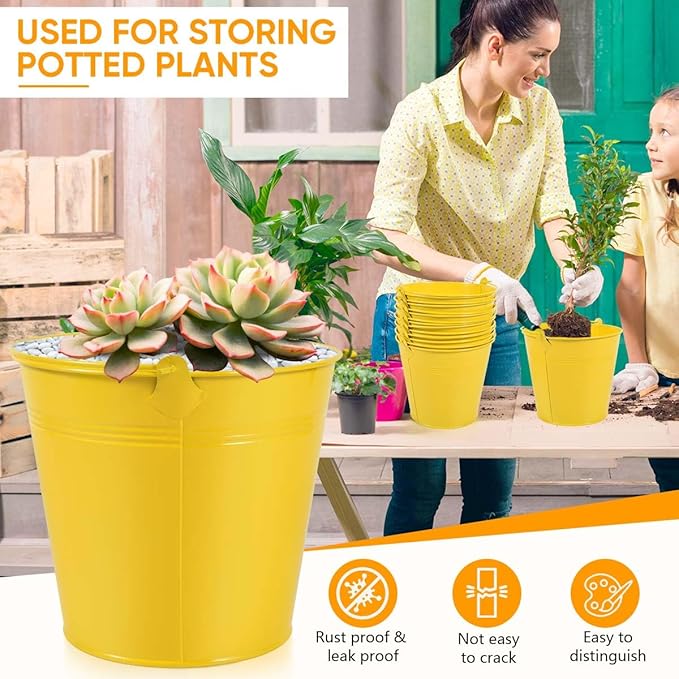 OBTANIM 7 Pack Yellow Metal Buckets with Handle Galvanized Ice Pails for Plants, Succulents, Party Favors Organizing, Rustic Home Decor or Classrooms Pencil Storage (7.1 x 5.2 inch)