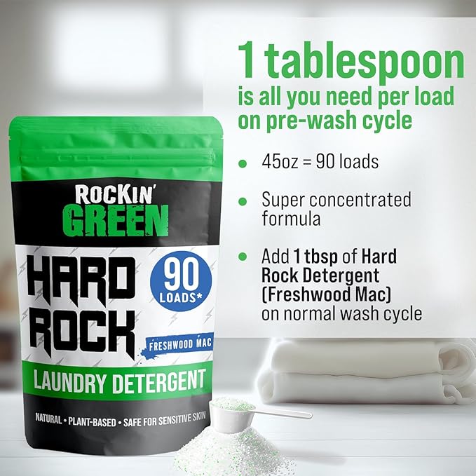 Rockin' Green Hard Rock Laundry Detergent for Hard Water (90 Loads), Plant based, Natural Laundry Detergent Powder, Biodegradable Odor Fighter, Safe for Sensitive Skin, 45 oz (Freshwood Mac)