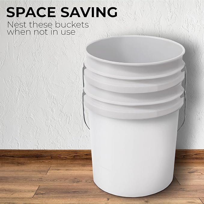 6.5-Gallon White Bucket Pail Container with Lid | Food Grade | Heavy-Duty 90MIL Extra Durable | Metal Handles with Plastic Grip for Easy Carrying | Multi-Use | Easy Stack and Store | BPA Free - 6 Pack