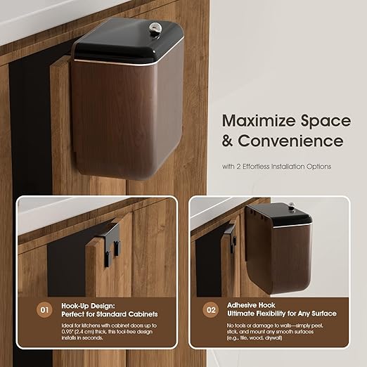 Vintage Kitchen Trash Can with Lid, Large 3.2 Gallon/12 Liter Capacity, Hanging Compost Bin, for Under Sink or Cupboard, Bathroom, Bedroom, Walnut Color