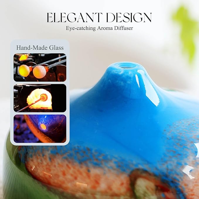 Porseme 500ml Glass Essential Oil Diffuser Aromatherapy Ultrasonic Cool Mist Humidifier 15-21 Running Hours Waterless Auto-Off Air Diffusers for Sleeping Yoga Office Working Spa and Rest (Blue Grass)