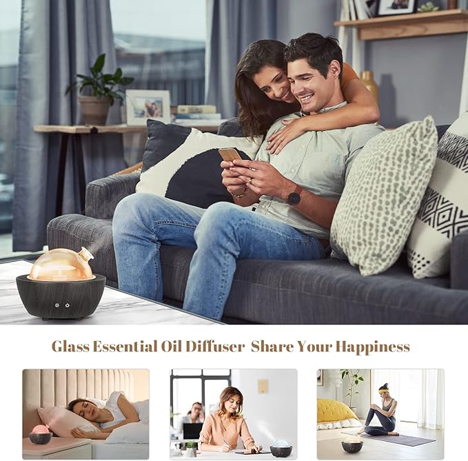 Glass Essential Oil Diffusers ，280ml Aromatherapy Diffuser for Essential Oils Large Room， BPA-Free Cool Mist Humidifier with 7 Colors Lights Auto Off for for Office, Home, Yoga, Spa