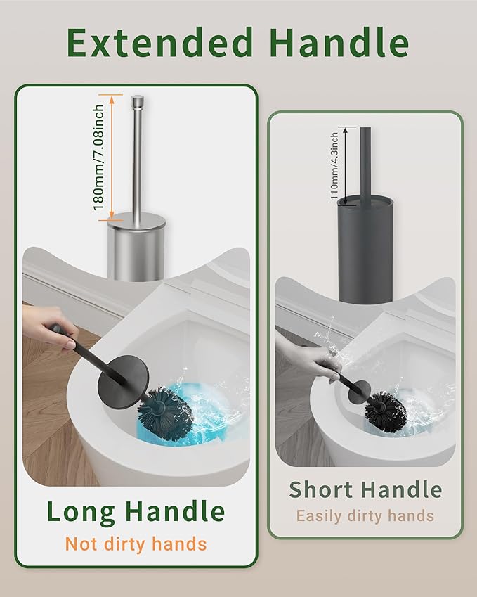 Toilet Brush and Holder Set, Toilet Bowl Brush for Bathroom with Long Handle, Stainless Steel Toilet Cleaner Brush with Durable Scrubbing Bristles,Splash-Proof (Brushed Nickel)