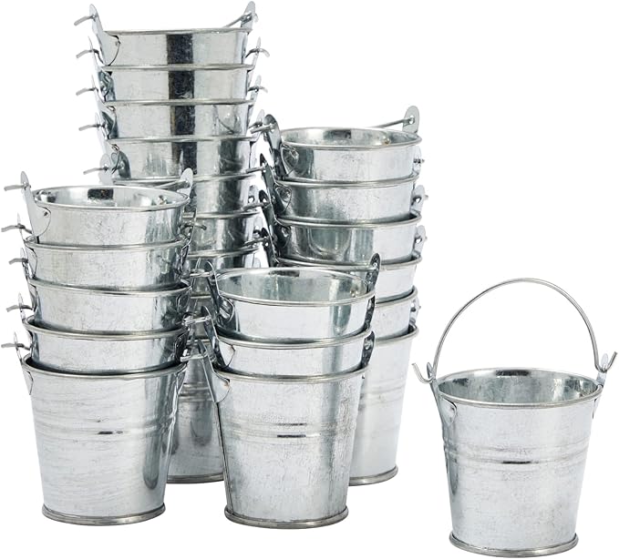 Juvale Mini Metal Buckets - 2 x 2 in, Silver, Pack of 24 - Mini Tin Buckets & Metal Tins with Handles for Party Favors, Crafts & Galvanized Decor