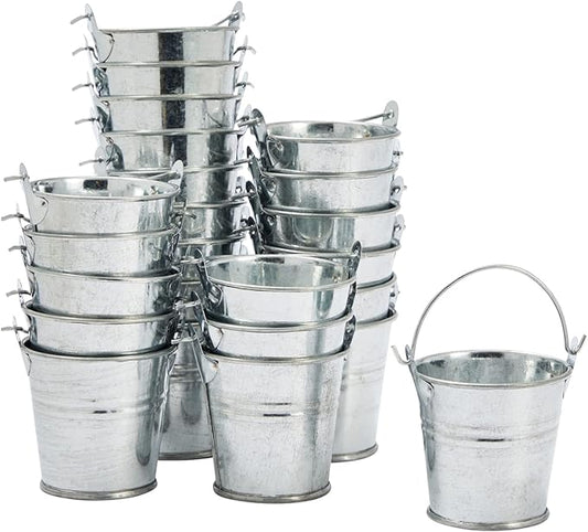 Juvale Mini Metal Buckets - 2 x 2 in, Silver, Pack of 24 - Mini Tin Buckets & Metal Tins with Handles for Party Favors, Crafts & Galvanized Decor