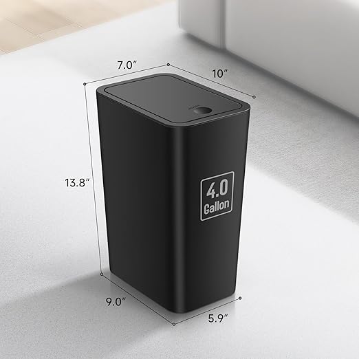 TIPGO Bathroom Trash Can with Lid, 4 Gallon / 15 Liter Small Garbage Can, Press Top Bin, Plastic Wastebasket with Pop-Up Lid for Bedroom, Living Room, Office (Black)