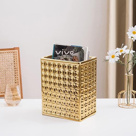 Trash Can for Bathroom, Small Office Garbage Can for Kitchen, Slim Rectangular Waste Bin, Ceramic, Gold