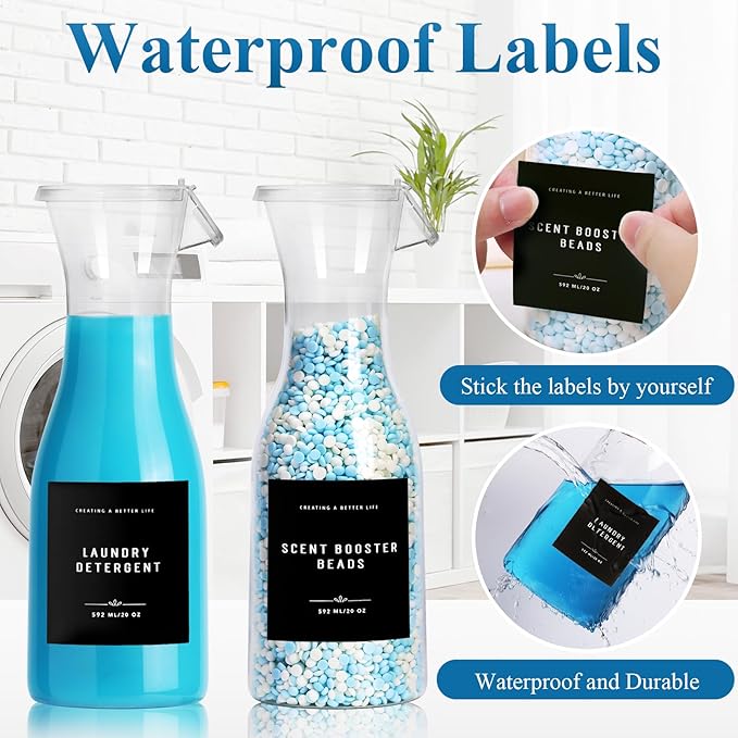 Laundry Detergent Dispenser Bottle 20oz with Waterproof Label for Laundry Detergent Soap Fabric Softener Bleach Scent Booster Beads, Sturdy PET Bottle for Laundry Room Decor 2 Pack black