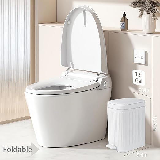 Small Bathroom Trash Can with Lid 1.9 Gallon Step Trash Can Slim Garbage Can with Soft-Close Waste Bin for Bathroom, Bedroom, Office, Dorm, RV, White