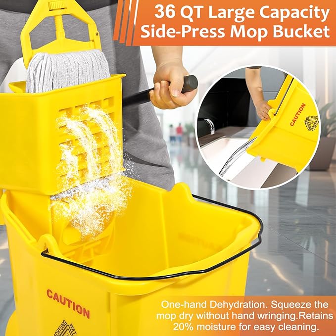 38 Qt Commercial Mop Bucket with Side Press Wringer on Wheels,Yellow Industrial Mops and Bucket Set for Floor Cleaning,Including 1 Industrial Mop and Wet Floor Caution Sign,Beyoco
