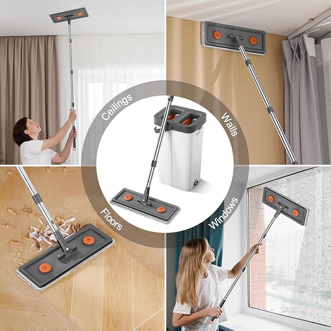 MUEE Mop and Bucket with Wringer Set for Home, Flat Mop and Bucket Set for Floor Cleaning and Window Wall Cleaner, Wet and Dry Mop with Long Handle and 4 Microfiber Pads