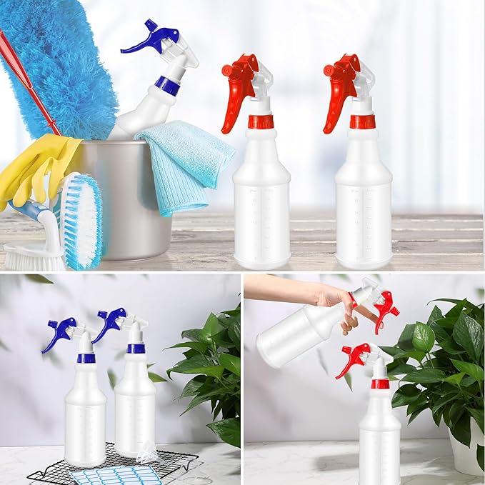 Zubebe 24 Pack 32 oz Plastic Spray Bottle Bulk Empty Leakproof Heavy Duty Spray Bottles for Cleaning Supplies Mist Bottles with Label and Adjustable Nozzle for Plant(Red, Blue,Clear Scale)