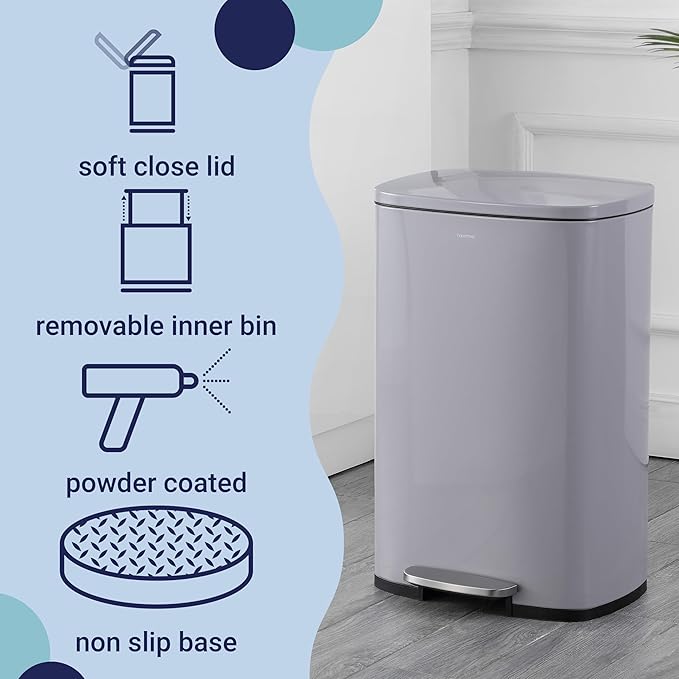 happimess HPM1006I Connor Rectangular 13-Gallon Trash Can with Soft-Close Lid and Free Mini Trash Can, Fingerprint Resistant, Modern, Minimalistic for Home, Kitchen, Office, Bathroom, Fog Gray