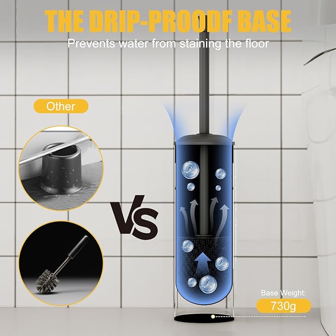 BESy Toilet Brush and Holder, Toilet Cleaner Bowl Set with Two Brush with Extra Long Handle, Durable Bristles Toilet Scrubber and Covered Holder, Drip-Proof Stainless Steel Matte Black