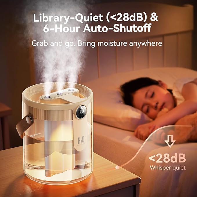 Smart Humidifiers for Bedroom, Rechargeable Top Fill Humidifier with Night Light, 1.4L Cool Mist Humidifier for Office Home Plant and Baby, 3-Speed Mist Control, Quiet, Auto Shut-Off (Beige)