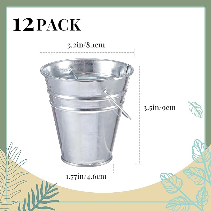 Sadnyy 12 Pcs 3.5in Small Metal Buckets with Handle, Mini Metal Pail Tin Galvanized Pail Container for Trick or Treat Flower Plant Craft Halloween Party Favors Garden Home Decoration (Silver)