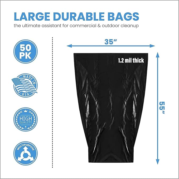 ToughBag 55 Gallon Trash Bags, 55-60 Gallon Trash Bags Heavy Duty (50 COUNT) - Large Black Trash Can Liners, 50-60 Gal for Contractors, Commercial, and Lawn - Made in USA