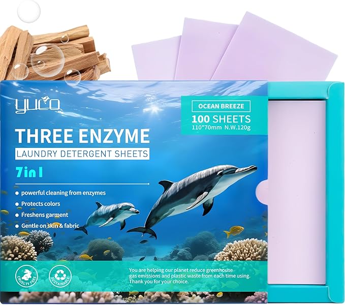 YUCO Laundry Detergent Sheets 100 Washes, Concentrated Laundry Detergent, Washing Soap Washer Sheet, for Deep Cleaning Grament Freshening, Hypoallergenic, Plastic Free Packaging (Ocean Breeze)