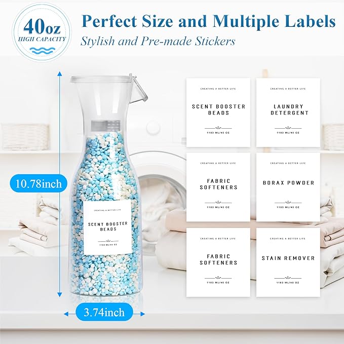 Laundry Detergent Dispenser Bottle 40oz with Waterproof Label for Laundry Detergent Soap Fabric Softener Bleach Scent Booster Beads, Sturdy PET Bottle for Laundry Room Decor 2 Pack White