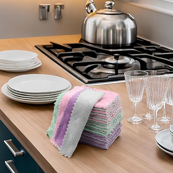 24PCS Kitchen Dishcloth, Microfiber Washcloth, Soft Cleaning Cloths, Coral Fleece/Lint Free/Absorbent/Quick Dry/Nonstick Oil Rags, Reusable Washable Tea Towel, 6''x10''(Mixcolor)