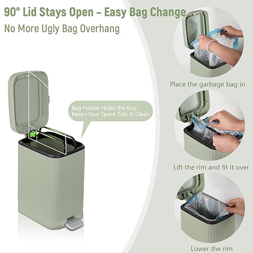 rejomiik Small Bathroom Trash Can with Lid 1.9 Gallon Step Trash Can Slim Garbage Can with Soft-Close Waste Bin for Bathroom, Bedroom, Office, Dorm, RV, Sage Green