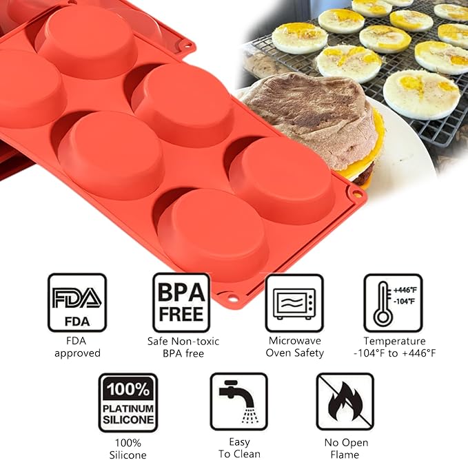 Silicone Egg Chocolate Molds 2 Packs Muffin Top Pans for Baking 3" Round Egg Bites Hamburger Corn Bread Mousse