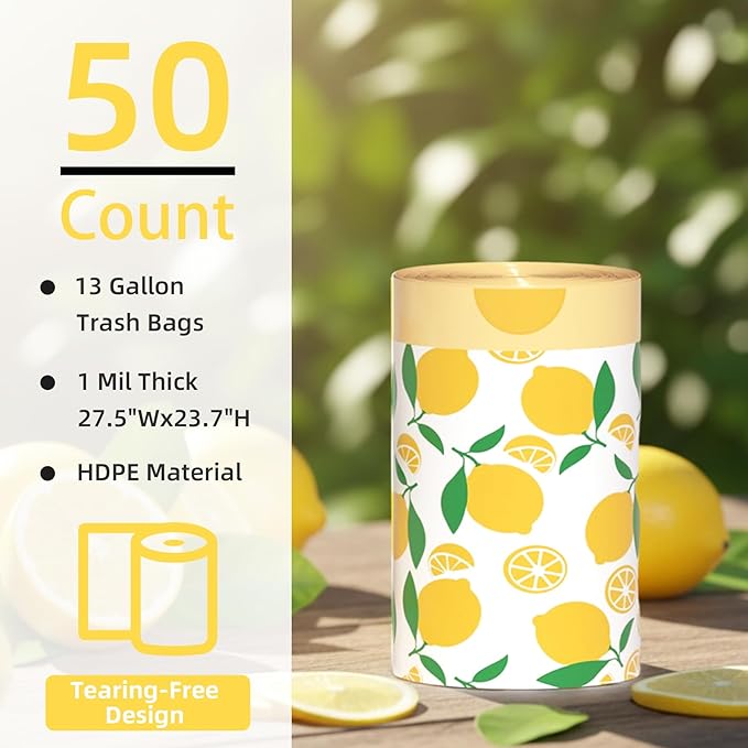 13 Gallon Trash Bags Drawstring, 50 Count Tall Kitchen Trash Bags, Sturdy Large Trash Bags, Lemon Printed Garbage Bags 13 Gallon Tall Kitchen, Tear Resistant Kitchen Garbage Bags for Kitchen